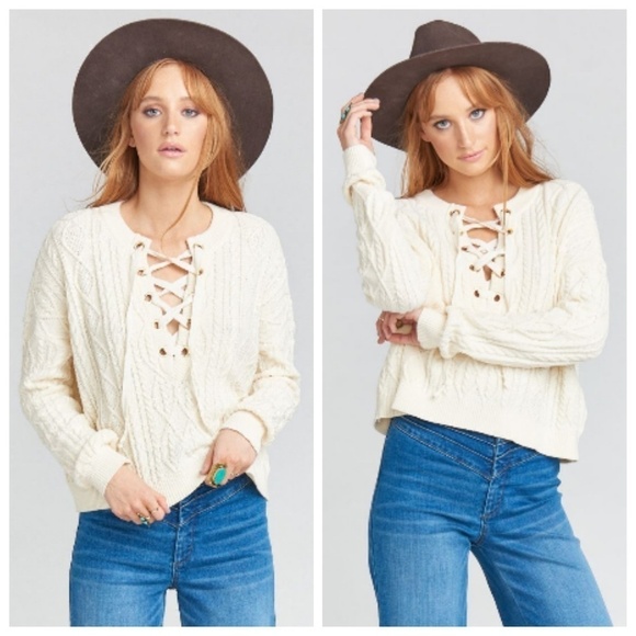 💕SHOW ME YOUR MUMU💕 Joey Lace Up Sweater Snowflake Cable Knit Soft White S NWT
